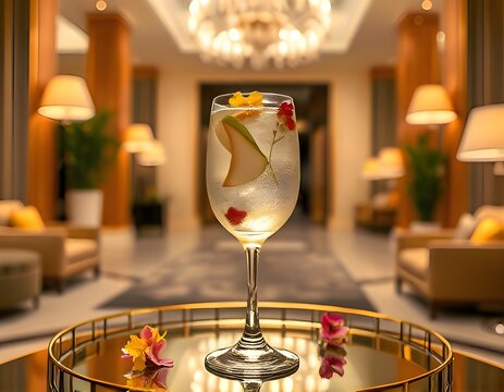 Elegant Pear Blossom Sparkler Garnished with Delicate Edible Flowers in a Luxurious Hotel Lobby.