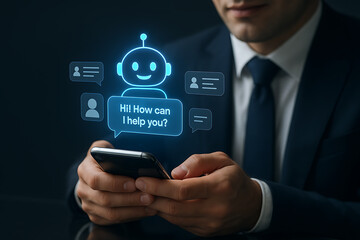 AI bot, chatbot interface, ChatGPT style, virtual assistant, blue robot avatar, friendly AI, smartphone screen, conversational AI, smart assistant, mobile chatbot, digital helper, AI interaction, chat