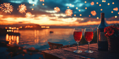 a picturesque coastal view with fireworks illuminating the night sky above the water, featuring a wooden table in the foreground with two glasses of red wine and a bottle, creating an atmosphere of ce