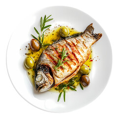 Grilled Fish Recipe Delicious Mediterranean Dish with Olives  Herbs isolated on transparent background
