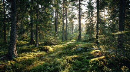 Obraz premium Morning sunlight piercing through a lush green pine forest in early summer,