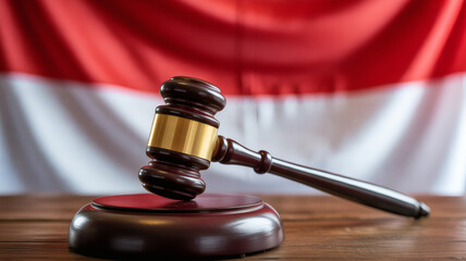 Gavel resting on a sounding block with Indonesian flag creating a sense of justice and legal context in studio shot.