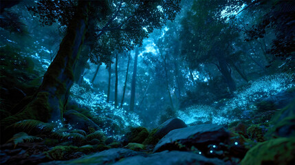 A magical, ethereal forest glows with vibrant blue bioluminescent particles at night, transforming the deep woods into a mysterious and enchanting dreamscape.

