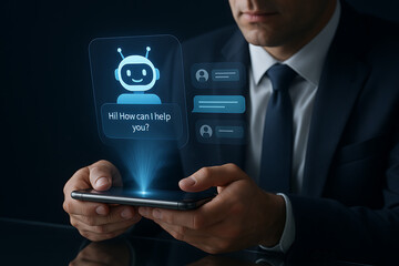 AI bot, chatbot interface, ChatGPT style, virtual assistant, blue robot avatar, friendly AI, smartphone screen, conversational AI, smart assistant, mobile chatbot, digital helper, AI interaction, chat