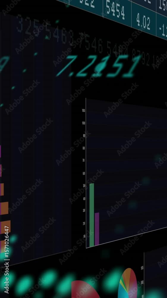 Poster animation of screens with statistical data processing against black background