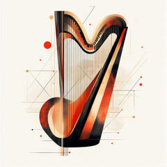 a stylized harp in an abstract geometric design with vivid shades of red, black, and beige on a light background