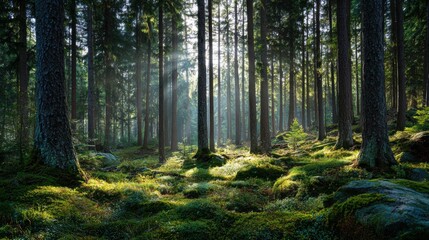Obraz premium Morning sunlight piercing through a lush green pine forest in early summer,