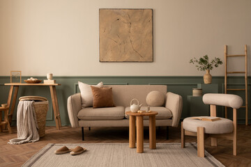 Creative composition of living room interior with mock up poster frame, beige sofa, wooden coffee...
