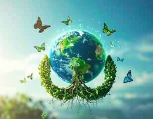 Naklejka premium Earth surrounded by green foliage forming a peace symbol with roots, encircled by flying butterflies against a blue sky.