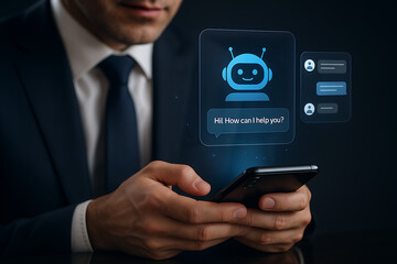 AI bot, chatbot interface, ChatGPT style, virtual assistant, blue robot avatar, friendly AI, smartphone screen, conversational AI, smart assistant, mobile chatbot, digital helper, AI interaction, chat