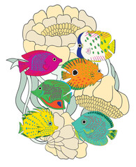 Ilustración de peces tropicales de colores sobre fondo blanco