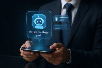 AI bot, chatbot interface, ChatGPT style, virtual assistant, blue robot avatar, friendly AI, smartphone screen, conversational AI, smart assistant, mobile chatbot, digital helper, AI interaction, chat