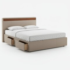 Contemporary Upholstered Bed with Storage Drawers in Light Design