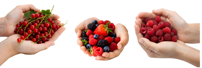 Three hands holding various berries including raspberries, strawberries, and currants against a transparent background.