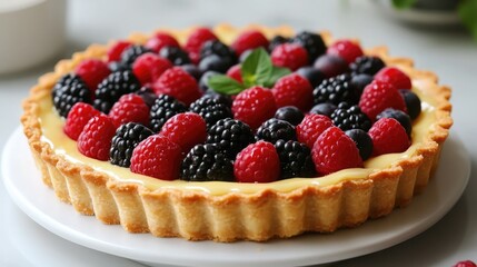 A close-up of a homemade fruit tart with a crisp golden crust, vibrant berries, and a glossy glaze, symbolizing fresh desserts, craftsmanship, and the joy of baking. 