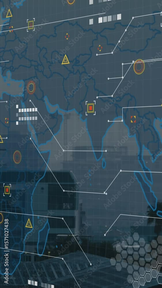 Poster animation of world map and data processing against aerial view of cityscape