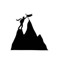 Silhouette of student placing flag on mountain peak, achievement and success