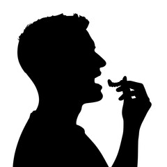 Silhouette of person holding denture near mouth, oral health education