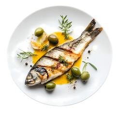 Grilled Fish with Olives and Lemon Sauce Gourmet Food Photography isolated on transparent background