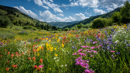Obraz premium Wildflower Meadow in Mountain Valley: Vibrant wildflowers paint a picturesque mountain valley, creating a stunning display of color and natural beauty under a brilliant blue sky. 