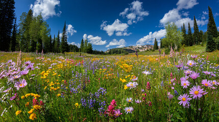 Blooming Meadow Panorama: A vibrant panoramic view of a flourishing wildflower meadow, where nature's artistry paints the landscape with a kaleidoscope of colors beneath a bright blue sky. 