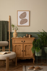 Cozy composition of living room interior with mock up poster frame, wooden sideboard, stylish armchair, plants in pots, green plaid, brown slippers and personal accessories. Home decor. Template.