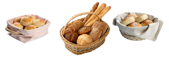 Three baskets of assorted bread rolls on a transparent background. Includes soft dinner rolls, baguettes, and croissants in woven and cloth baskets.