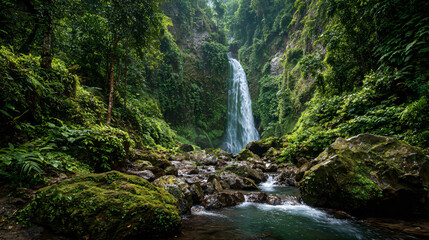 Serene Waterfall Scene: The breathtaking panorama of a powerful waterfall cascading down a cliff face, surrounded by lush greenery, offers a sense of tranquility and wonder.