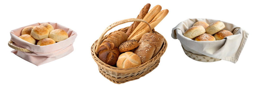 Three baskets of assorted bread rolls on a transparent background. Includes soft dinner rolls, baguettes, and croissants in woven and cloth baskets.