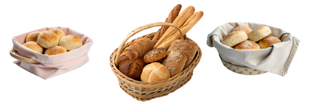 Three baskets of assorted bread rolls on a transparent background. Includes soft dinner rolls, baguettes, and croissants in woven and cloth baskets.
