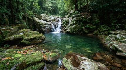 Emerald Cascade: A breathtaking view of a small waterfall cascading into a tranquil, emerald-green pool, surrounded by lush greenery and mossy stones in the serene heart of the forest.