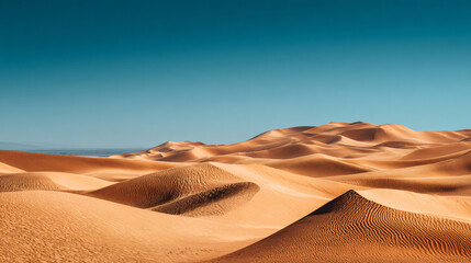 Vast Desert Dunes: The sun casts dramatic shadows on the undulating sand dunes of a remote desert. The endless expanse under a clear, azure sky, conveying solitude and the raw beauty of nature.