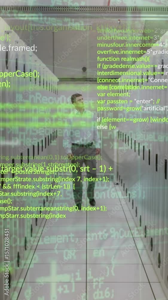 Aufkleber animation of data processing against caucasian male engineer walking at computer server room