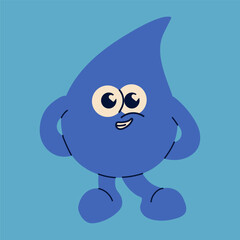 A cheerful water droplet with big eyes and a friendly smile, featuring bright blue colors and playful expression