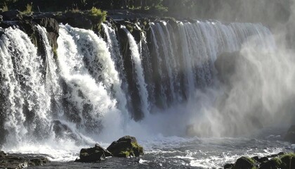 Powerful Waterfall Cascading Over Dark Rocks