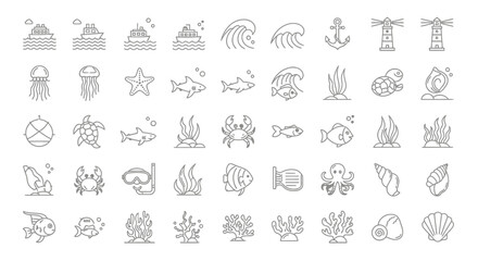 Ocean Life and Underwater Elements Line Icon Set