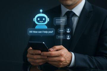 AI bot, chatbot interface, ChatGPT style, virtual assistant, blue robot avatar, friendly AI, smartphone screen, conversational AI, smart assistant, mobile chatbot, digital helper, AI interaction, chat