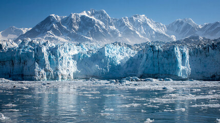 Glacier and Mountain Majesty: A breathtaking panoramic view of a majestic glacier meeting a towering mountain range under a clear blue sky. The scene evokes a sense of awe and the raw power of nature.
