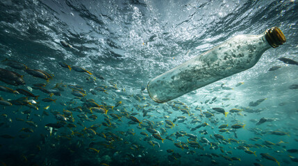 Ocean's Silent Plea: A single message bottle floats serenely in the deep blue, surrounded by schools of fish, it offers a poignant symbol of nature's hidden communication.