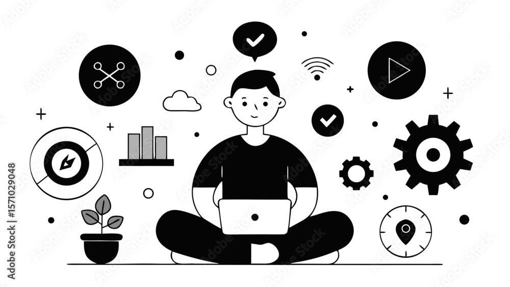 Poster man in yoga position working on laptop surrounded by digital icons and data elements in black and wh