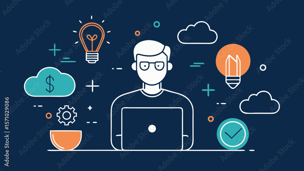 Poster man with glasses working on laptop surrounded by cloud computing, ideas and digital elements in dark