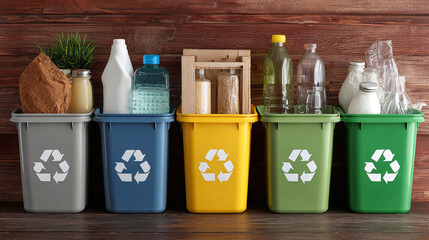 Recycling Bins with Sorted Waste: Colorful recycling bins filled with various recyclable materials, including plastic bottles, glass jars, and cardboard, stand against a rustic wooden background.