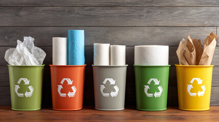 Recycle Bins: An array of colorful recycle bins is arranged in a row, each overflowing with different types of recyclable materials, suggesting the significance of eco-friendly practices.