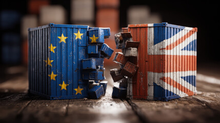 Wooden blocks painted with European Union and United Kingdom flags, broken and facing each other rustic wooden surface, symbolizing division