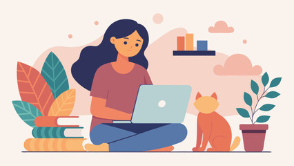 Woman working on laptop at home with cat, books and plants in cozy flat style