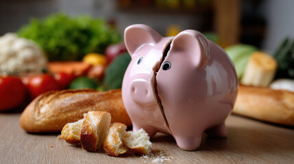Pink piggy bank with crack in middle, surrounded by bread and fresh vegetables, suggesting saving money for groceries or food expenses