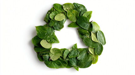 Eco-Friendly Symbol: A verdant recycle symbol, meticulously crafted from fresh green leaves, stands as a vibrant emblem of environmental consciousness and sustainable practices.