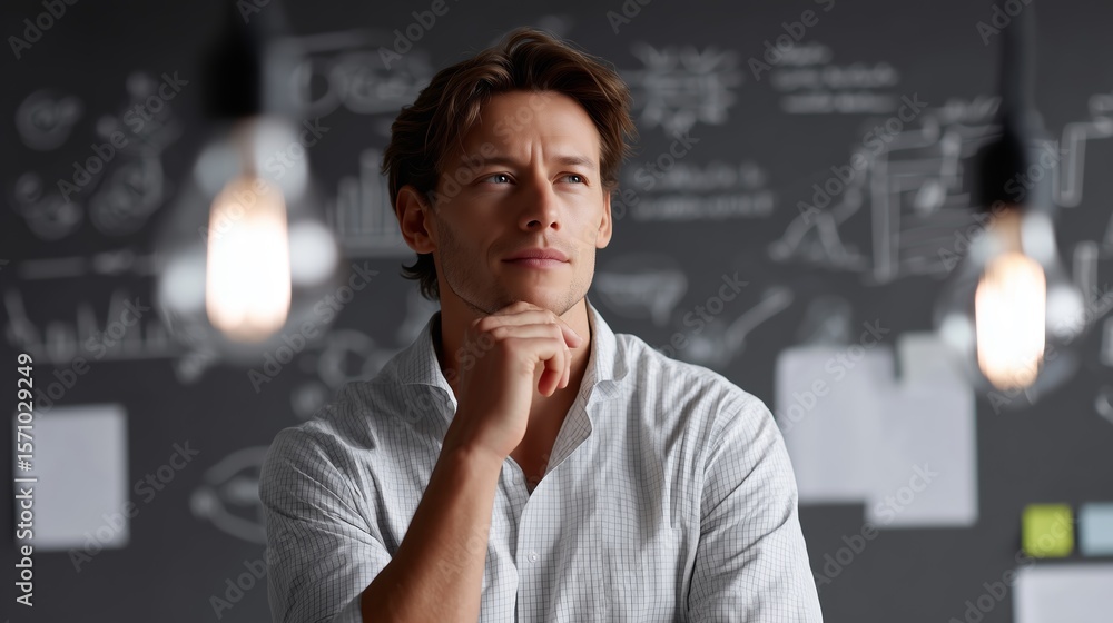 Poster man thinking thoughtfully in a modern workspace with drawings and lights in the background