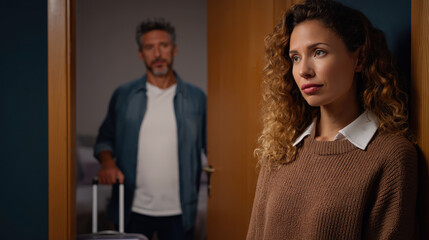Woman with curly hair and brown sweater looks away with serious expression while man with beard and casual clothing stands background holding