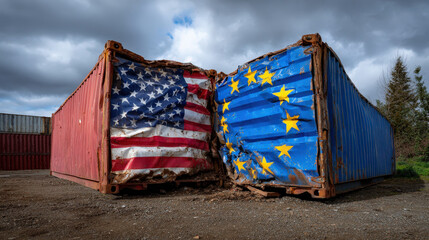 Damaged shipping container with flags of United States and European Union, showing rust and dents, cloudy sky, gravel surface, with trees